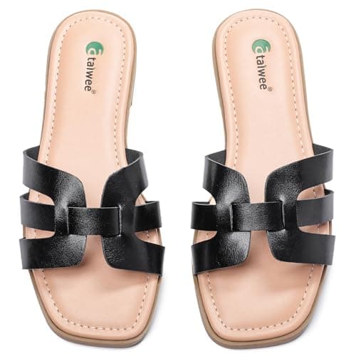 Image of Ataiwee Women's Flat Slide Sandals - Casual Slip-On, Criss Cross Summer Dress Sandals.(2307018,BK/MF,6.5 UK)