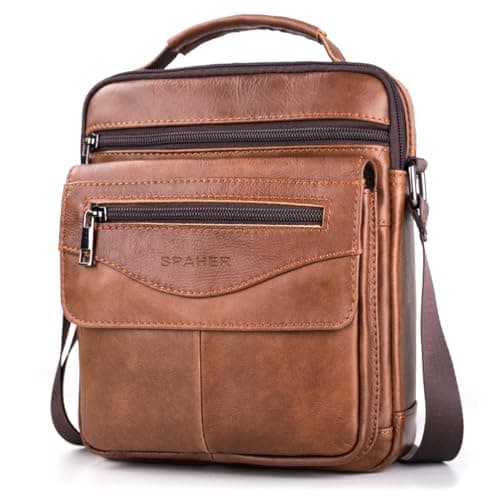 Image of SPAHER Men Leather Handbags Shoulder Bags Messenger Business Bag Crossbody Satchel Sling Waterproof Travel Bag Daily Man Bag with Adjustable Shoulder Strap for Ipad 11 Inch Brown