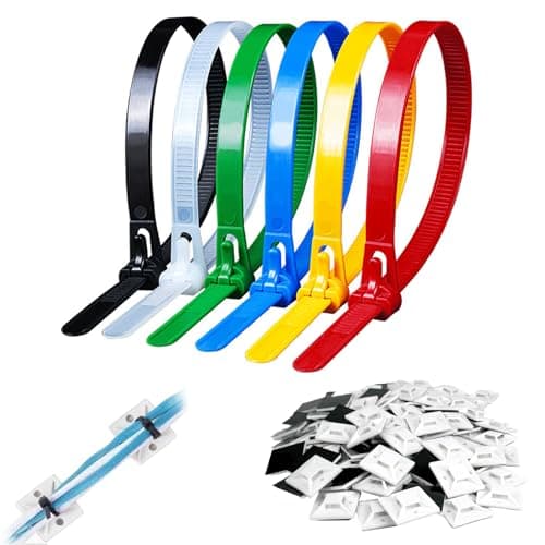 Image of 50 Pcs Reusable Nylon Cable Ties, Colorful Zip Ties, 5 × 150 mm Removable Tie Wraps with Self-Adhesive Bases for Gardening Home Office Workshop Use, Indoor and Outdoor Applications