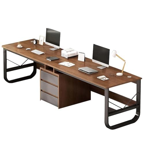 Image of GAOCUNBING Computer Desk, Double Workstation Desk with Drawers, Wood Writing Table Modern Double Office Desk, Extra Long Computer Desk for Home Office (Walnut, 200cm/78.75in)
