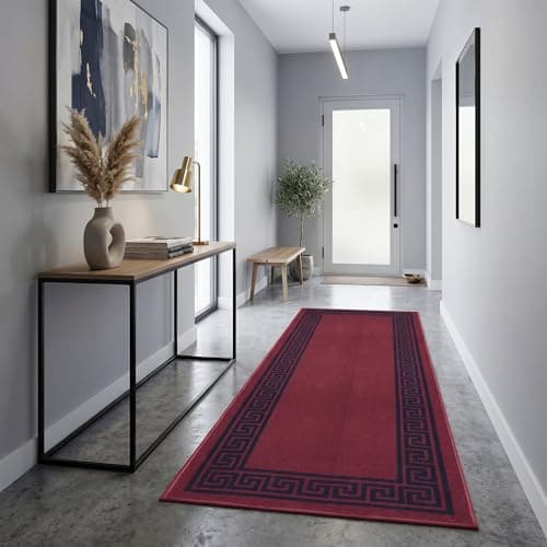 Image of Fit Even Greeky Runner Rug – Large Washable Non-Slip Carpet for Living Room, Bedroom, Lounge, Dining, Kitchen, Modern Indoor Long Floor Rug (Red & Black, 66x120 cm)