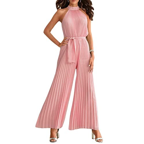 Image of FeMereina Women 's Sexy Summer Pleated Jumpsuit Halter Neck Sleeveless Wide Leg Long Pant Belted Romper One Piece Party Outfit (Pink, X-Large)