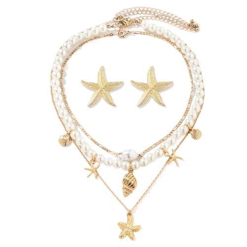 Image of XZSKD 3/4 Layers Ocean Charm Necklace Set with starfish earrings, shell necklace starfish necklace 14K Gold Plated Starfish Gold Earrings for Women Girls
