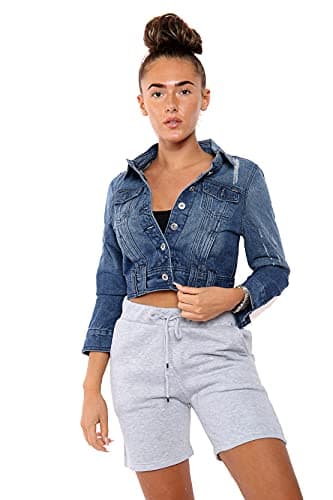 Image of NOROZE Women Cropped Denim Jacket Distressed Dark Wash Top (10, Dark Wash Navy)