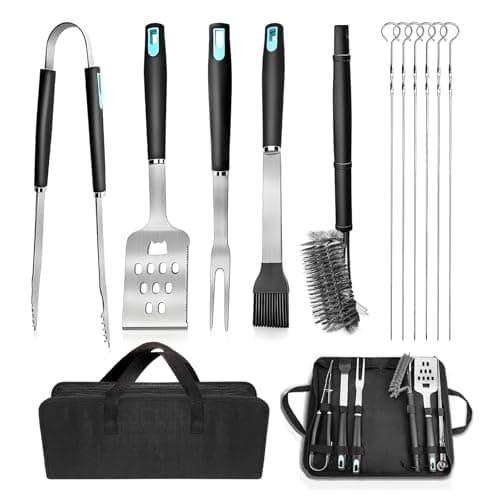 Image of BlueMars 12-Piece BBQ Tool Set with Storage Case – Heavy Duty Stainless Steel Spatula, Fork, Tongs, Basting Brush, Cleaner & Skewers for Outdoor Cooking