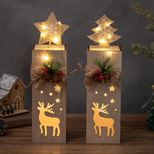 Image of NUPTIO Christmas Decoration Wooden Reindeer: Windowsill 2 Pieces LED Column Indoor Xmas Decorations Start and Tree Gift (Batteries Not Included)