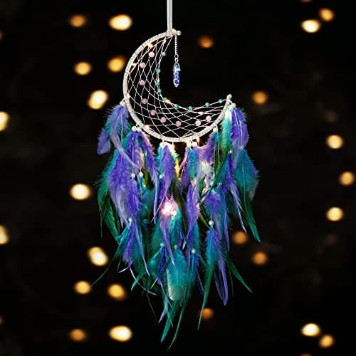 Image of Dremisland Moon Dream Catcher with Fairy Lights Indian Dreamcatcher Kids Bedroom Accessories Blue Purple Feather Lucky Turquoise Pendant Wall Hanging Decoration for Home Bedroom Gift