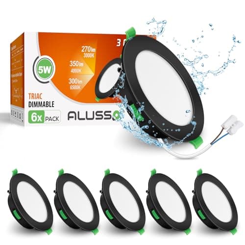 Image of ALUSSO LED Downlight Ceiling 5W 350LM, Dimmable LED Recessed Ceiling Lights, Warm White 3000K Neutral White 4000K Cool White 6500K Adjustable, 30mm Ultra Slim Black Downlight for IP44 Bathroom, 6 Pack