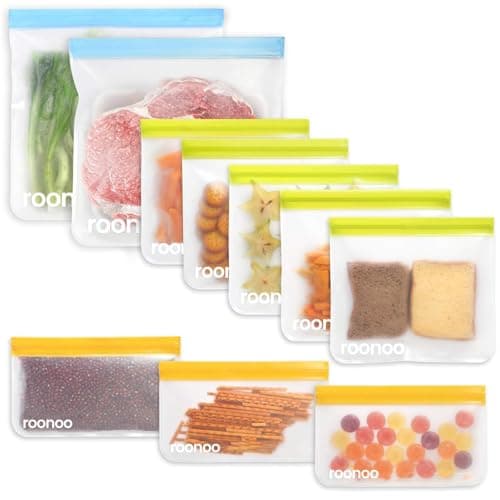 Image of Roonoo 10 Pack Dishwasher Safe Reusable Food Storage - 5 Sandwich, 3 Snack, 2 Gallon Bags; BPA Free, Extra Thick, Leakproof, Plastic Free Zip-lock Bags