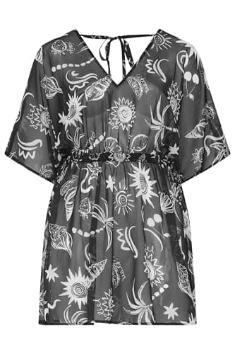 Image of Yours Curve Beach Print Mesh Flower Print Beach Kaftan - Women's - Plus Size Curve Black