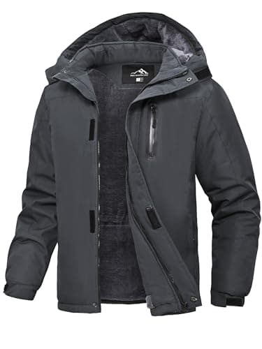 Image of Peakwell Men's Waterproof Mountain Hiking Jacket Outdoor Warm Fleece Winter Coat with Removable Hood, Dark Grey, M