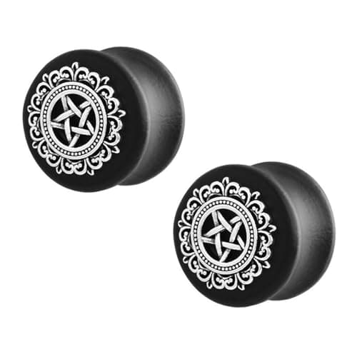 Image of BWDHJLEY 2PCS Ear Tunnel 12mm, 1/2 Inch Ear Gauges for Women Black Vintage Flower and Pentagram Men Stretchers Expander Stainless Steel+Wood