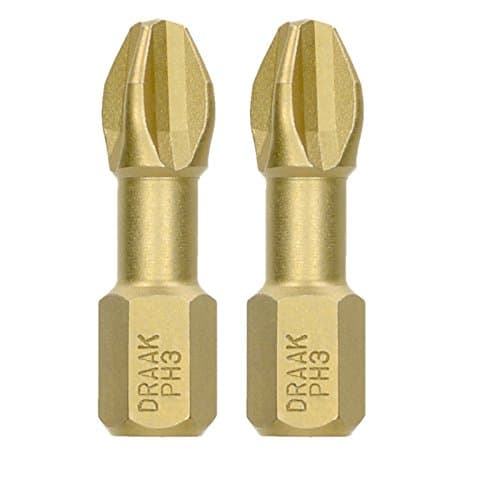 Image of Draak 2x PH3 Pozi 25mm Titanium Impact Screwdriver Bits Pozidriv Compatible with Dewalt Milwaukee Bosch Makita and Others POZI Heavy Duty