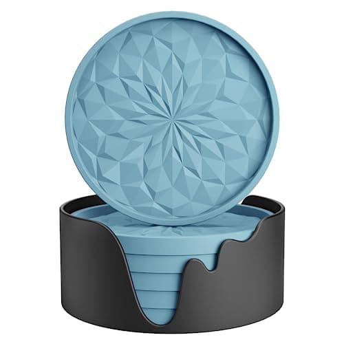 Image of STLIAN Silicone Coasters with Holder,[6 Pack] Drinking Coasters - Cup Mat for Hot or Cold Drinks, Thickened, Non-Slip, Non-stick,Deep Tray Ether