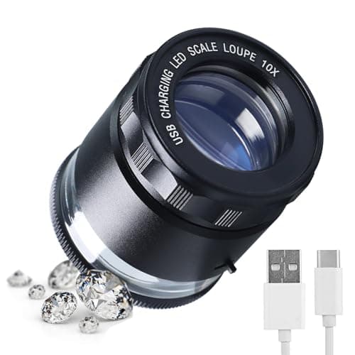 Image of 10X Jewelers Loupe Rechargeable with LED Lights & a Detachable Reticle Scale, 25mm Field of View, Adjustable Focal Length, Eye Loupe Magnifier Jewelry Magnifying Glass for Gems Coins Stamps Watches