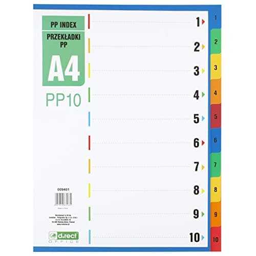 Image of D.RECT Dividers for A4, PP10, 10 dividers, Ring Binder Index, tabs with Number Print 1-10, Multicoloured, Colour Divider Made of Polypropylene, Polypropylene