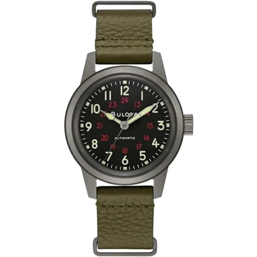 Image of Bulova Unisex Analogue Automatic Watch with Genuine Leather Strap 98A255, Khaki, Strap.