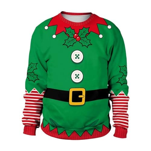 Image of Generisch Christmas Sweater Men Crew Neck Autumn Print Long Sleeve Casual Pullover Top with Bow Tie Stripe Digital Pattern Comfortable Holiday, Green, M
