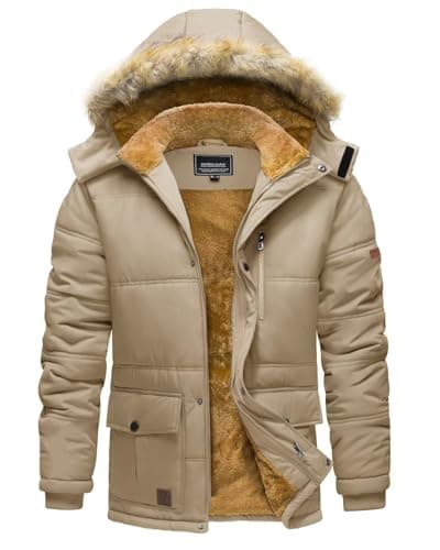 Image of TACVASEN Men's Puffer Jackets Thermal Winter Warm Fleece Jacket Waterproof Windproof Ski Hiking Parka Coat with Hood Khaki XL
