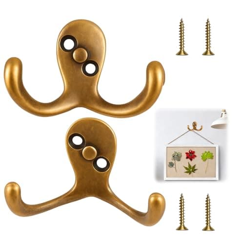 Image of 2PCS Antique Brass Double Coat Hooks, Heavy Duty Metal Hooks with Screws Door Wall Robe Dress Garment Hangers Brass Hooks Gold Coat Hooks for Hanging Coats Towels and Hats Bathroom Bedroom Office