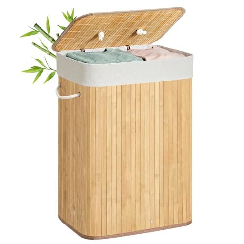 Image of SONGMICS Laundry Basket with Lid 72L Bamboo Foldable Laundry Basket with Removable Washable Bag Handles for Laundry Room Bedroom LCB10Y