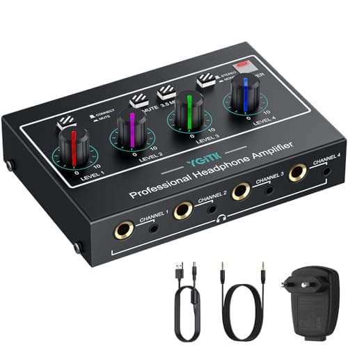 Image of YGiTK Headphone Amplifier with Light, 4 Channel Mono/Stereo Audio Amplifier with Power Adapter 3 Input Mute & Audio Mixer, Ultra-Compact Headphone Amp Splitter 1/4" & 1/8" TRS Output for Studio