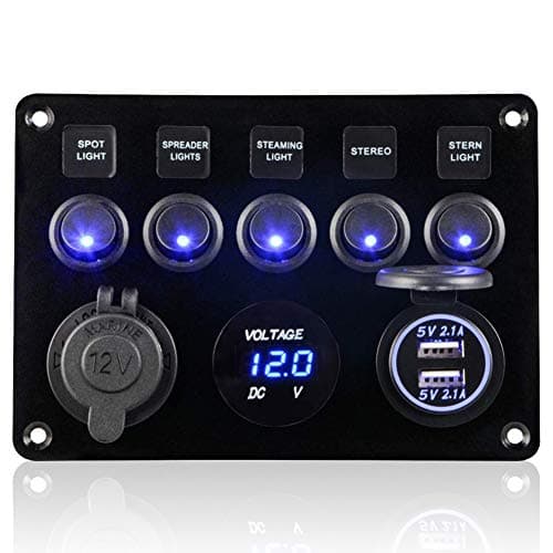 Image of Geloo 12V/24V Toggle Switch Panel, IP65 Waterproof Car Rocker Switches 4.2A Dual USB Charger Port Lighter Socket Digital Voltmeter Display for Boat Car RV Vehicles Blue