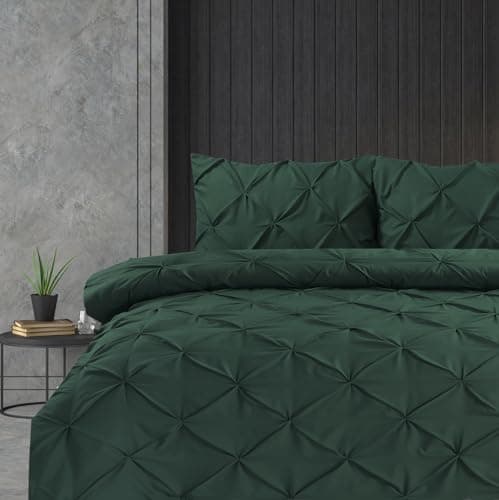 Image of Linen Home Super King Duvet Cover Set Bottle Green Pintuck Pinch Pleat Soft Microfibre Bed Quilt Cover with 2 Pillowcases, Easy Care Wrinkle Free Bedding Set of 3 Pcs (Bottle Green, Super King)