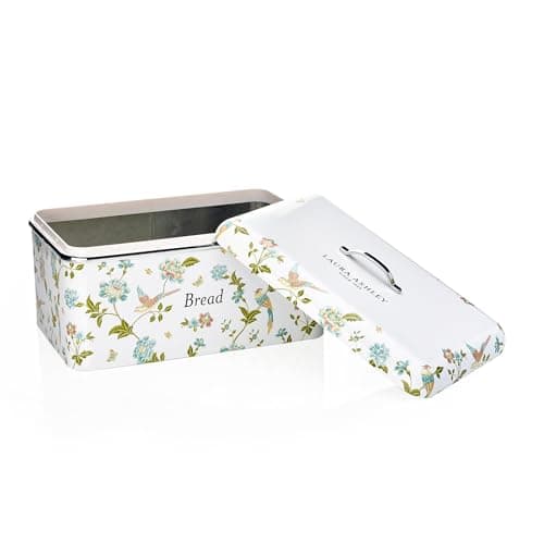 Image of VQ Laura Ashley Large Bread Bins for Kitchen with Removable Lid Bread Storage Containers for Freshness & Style - Stainless Steel BreadBin with Hand-Applied Designer Print - Elveden White