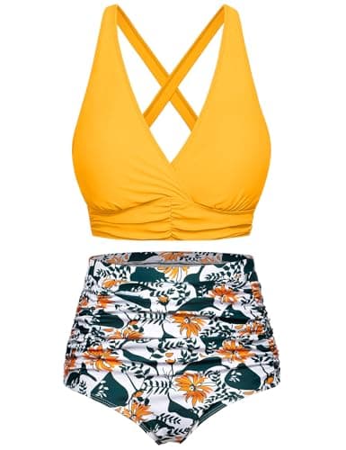 Image of Voqeen Womens Bikini Sets High Waisted 2 Piece Swimsuit Padded Push Up Bikini Top & Bottoms Tummy Control Ruched Bathing Suits Vintage Halter Swimming Costume Beachwear Ladies Swimwear Yellow