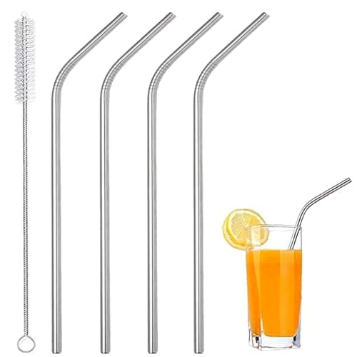 Image of Pack of Four Stainless Steel Straws and Brush Set - Reusable Metal Milkshake Straws, Great for Smoothie, Water, Juice, Curved Silver Design