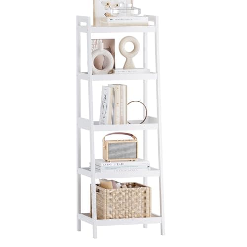 Image of SMIBUY Bamboo Ladder Bookcase, Bathroom Storage Rack Organizer, 4 Tier and 5 Tier Freestanding Plant Display Stand Space Saver Shelves for Bedroom, Balcony (White, 5 Tiers (127cm H))