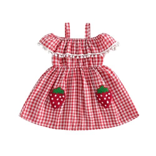 Image of MAHUAOYIXI Toddler Girls Strawberry Princess Dress 1-8 Years Strawberry Embroidery Sleeveless A-Line Skirt Plaid Strawberry Pattern Dress for Birthday Baptism Wedding Streetwear (Red, 7-8 Years)