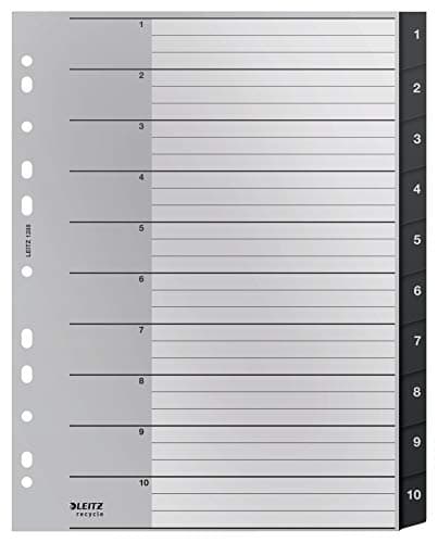 Image of Leitz Index Folder Divider, 1-10 Numerical Tabs, A4, Extra Wide, 90% Recycled Plastic, Eco Friendly, Premium Quality, Recycle Range, 12080095, Black