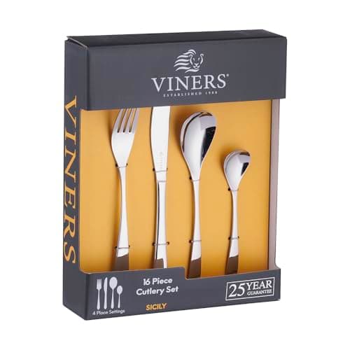 Image of Viners Sicily 16 Piece Cutlery Set |18/0 Stainless Steel | Teardrop Spoon Shape, Mirror Polish | Serves 4 | Dishwasher Safe