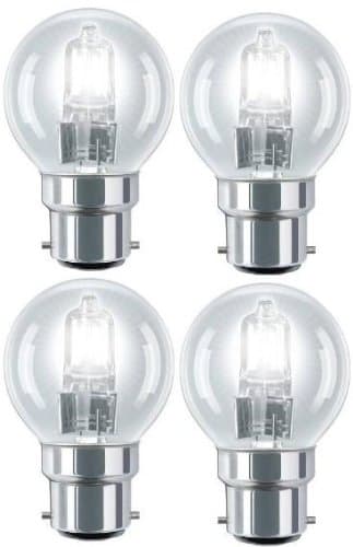 Image of DECK INN 4 Pack Eco Halogen Mini Globes 28Watt=40 Watt BC B22 B22d Classic Clear Round Energy Saver Light Bulbs, Bayonet Cap, Golf Ball