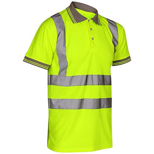 Image of Stylo Online Hi Viz Vis High Visibility Polo Shirt Reflective Tape Safety Security Work Button T-Shirt Breathable Lightweight Double Tape Workwear Top (Yellow Short Sleeve, M)
