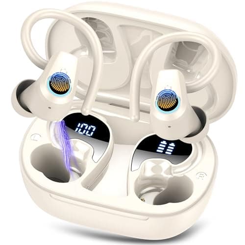 Image of Wireless Earbuds, Bluetooth 5.3 Headphones with 4 ENC Noise Canceling Mic, 50H Stereo Dual LED Display Ear Buds, Sport Wireless Earphones with Earhooks, IP7 Waterproof Wireless Headphones, White