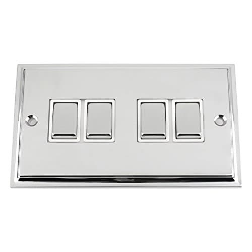 Image of Light Switch 4 Gang 2 Way 10A - Polished Chrome Victorian - White - Metal Rocker Switch