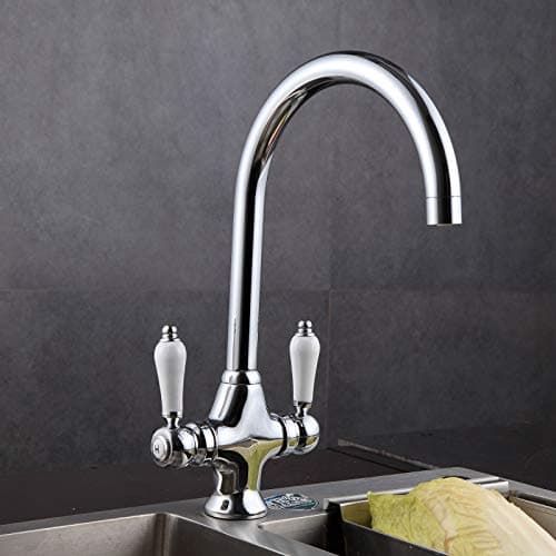 Image of Dual Lever Kitchen Sink Mixer Tap Traditional Elegant Ceramic Double Handles Monobloc Swivel Spout Chrome Fit for Single or Dual Sinks Classic Kitchen Taps Easy to Clean, 10 Year Warranty
