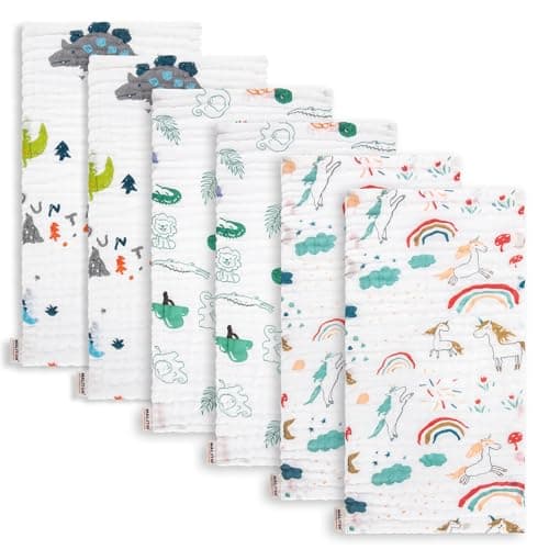 Image of Maliton Muslin Cloths for Baby, 6 Pack Burp Cloths for Baby,100% Cotton 6 Layers Absorbent& Soft Baby Muslins Pack,50x25CM Muslin Squares Baby Essentials for Newborn(Dino & Unicorn Collection, 6 Pcs)