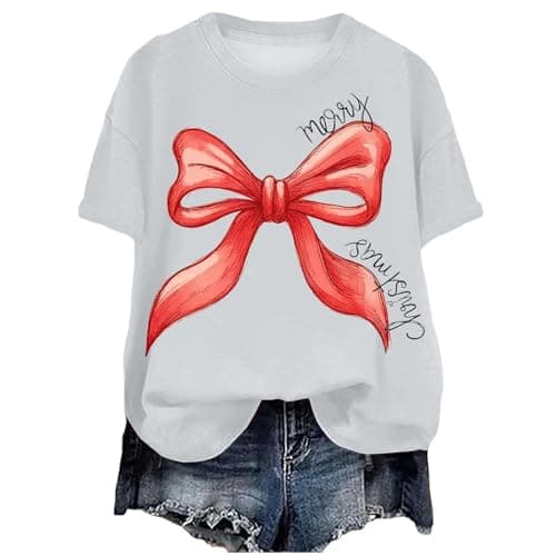 Image of Christmas T Shirt for Womens Funny Festive Printed Blouse Loose Fit Comfortable Xmas Pullover Ladies Short Sleeve Tshirts Christmas Crew Neck Casual Sweatshirts Basic Xmas Printed Tee (White-C, XXXL)