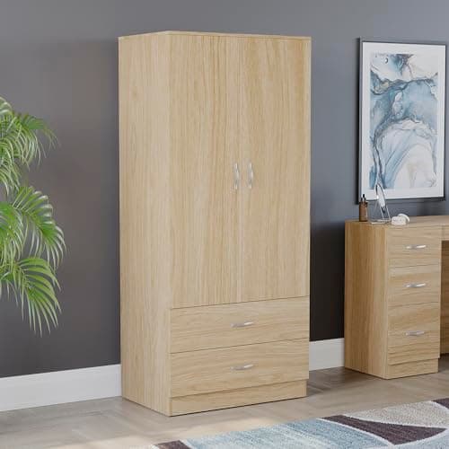 Image of Vida Designs Riano 2 Door & 2 Drawer Wardrobe | Pine | Bedroom Furniture | 170H x 76W x 53D cm | with Shelf & Hanging Rail | Large Capacity Storage