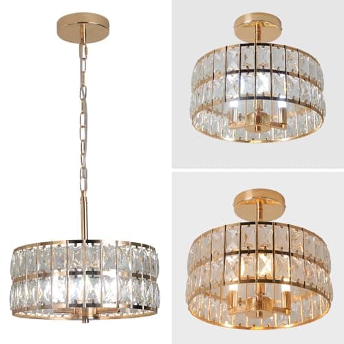 Image of Vinilky Modern Crystal Chandelier Ceiling Lights, Pendant Light Shade Fixture Semi Flush Ceiling Light Hanging Lamp for Kitchen Island, Living Room, Dining Room, Bedroom, Hallway