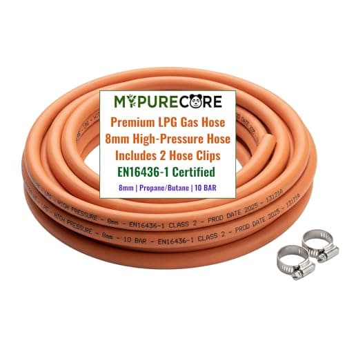 Image of MYPURECORE 8mm LPG Gas Hose Pipe with 2 Clips – EN16436-1 High Pressure Propane & Butane Gas Hose for BBQ, Patio Heater, Caravan, Camping Cooker & Gas Bottle – Orange LPG Hose (4m (8mm))