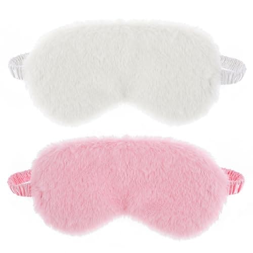 Image of 2 Pcs Plush Fluffy Eye Mask Soft Sleeping Blindfold Eye Cover Comfortable Furry Faux Fur Sleeping Mask Satin Nap Night Eyeshade Cover for Women Men Gift (White, Pink)