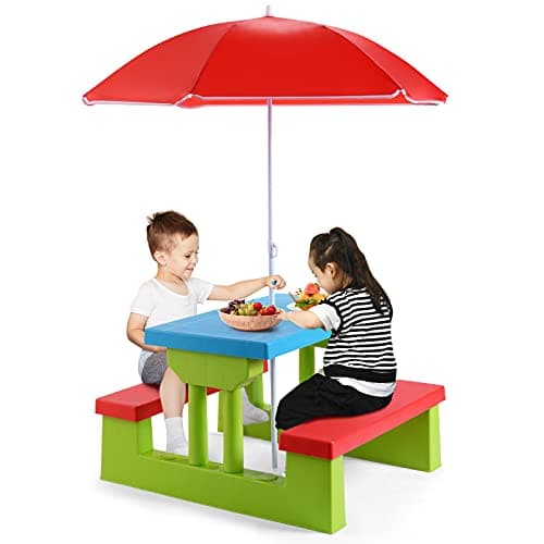Image of Maxmass Kids Picnic Table Set, Indoor Outdoor Toddler Table with Bench & Removable Umbrella, Junior Activity Play Table Set for Garden, Backyard and Lawn (Green + Red + Blue)