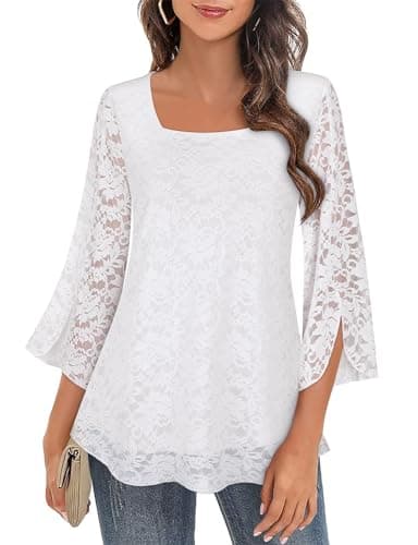 Image of Syphiby Women's Lace Blouse - White Square Neck Elegant Ruffle Flowy Tunic Top with 3/4 Sleeves - Evening Wear