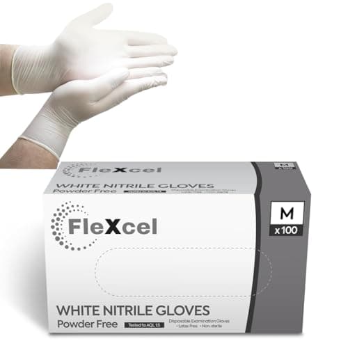 Image of FleXcel White Nitrile Gloves (Box of 100) Size Medium - Multipurpose Powder Free, Latex Free, Medical Grade, Food Safe Examination Gloves - AQL 1.5 PPE Regulation 2016/425 Category III Certified