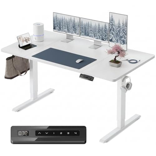 Image of FEZIBO Height Adjustable Electric Standing Desk, 160 * 80 cm Stand up Table, Sit Stand Home Office Desk with 4 Pieces Splice Board, White Frame/White Top
